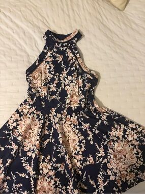 B Darlin Navy Floral Halter Dress with Pink and Cream Roses